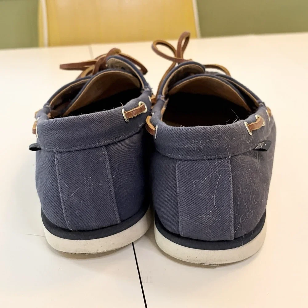 J.Crew Classic Canvas Boat Shoes 2-Eyelet Mens Navy Blue Brown Size 11.5 AQ182